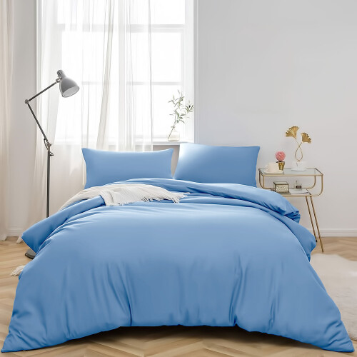 (KING, LIGHT BLUE) Plain Duvet Quilt Covers Reversible Bedding Set