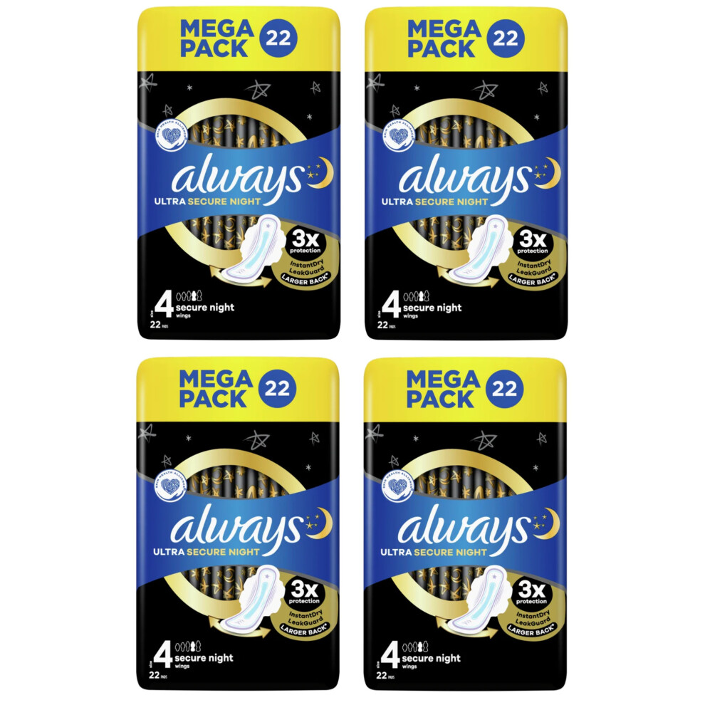 Always Ultra Secure Night Sanitary Towels Wings, Size 4, Mega Pack 4x(22 Pack) 88 Towels!