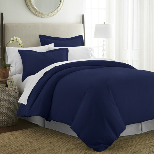 (SINGLE, NAVY) Plain Duvet Quilt Covers Reversible Bedding Set 1