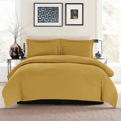(SINGLE, OCHRE) Plain Duvet Quilt Covers Reversible Bedding Set 1