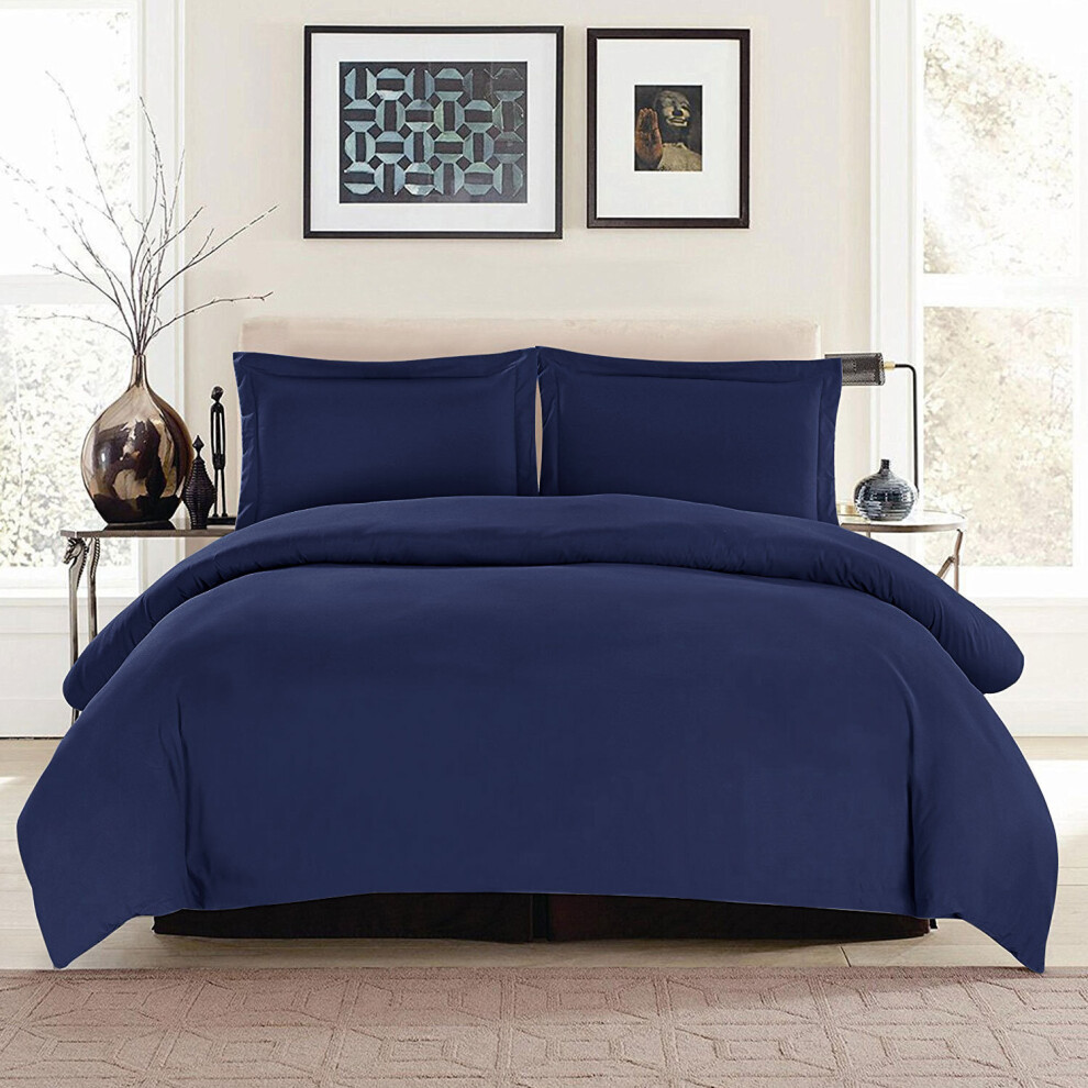 (DOUBLE, NAVY) Plain Duvet Quilt Covers Reversible Bedding Set