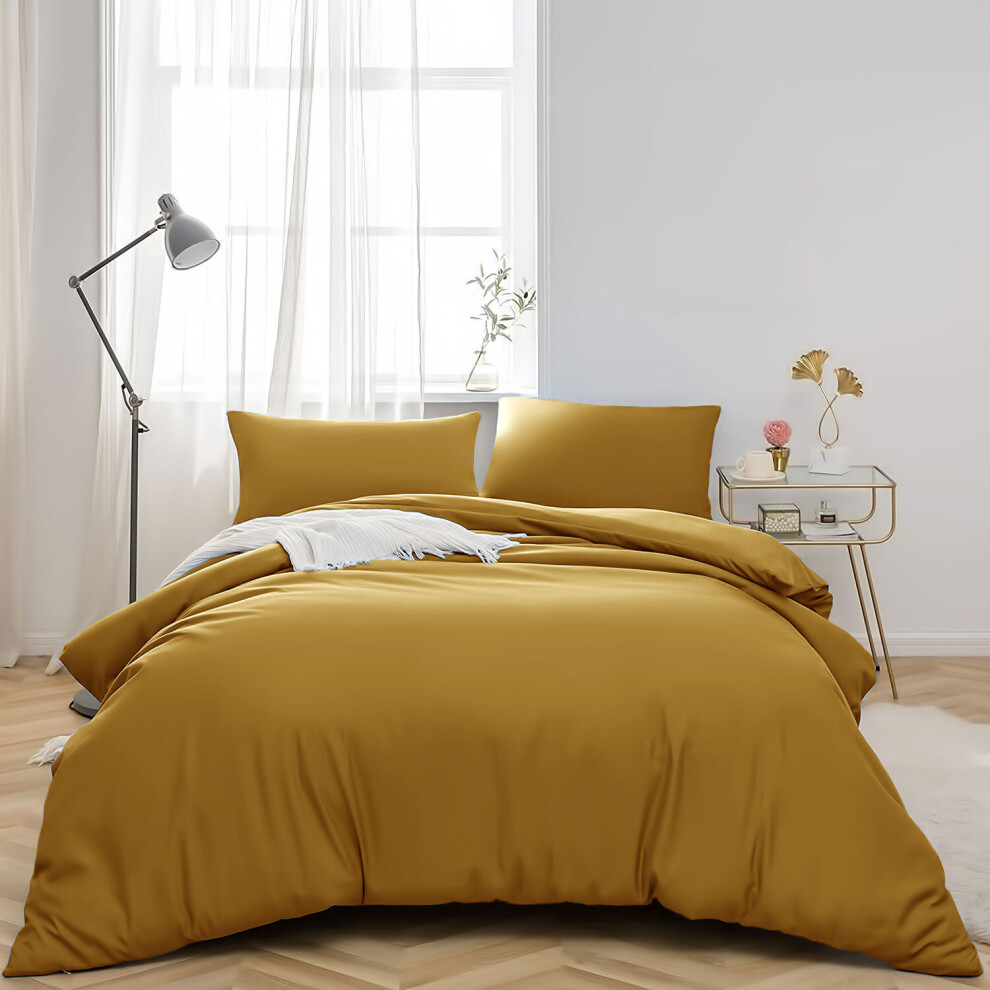 (KING, OCHRE) Plain Duvet Quilt Covers Reversible Bedding Set