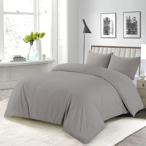 (DOUBLE, GREY) Plain Duvet Quilt Covers Reversible Bedding Set 2