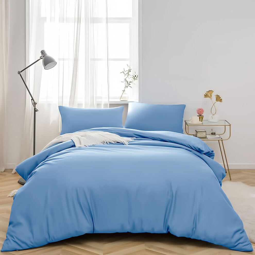 (SINGLE, LIGHT BLUE) Plain Duvet Quilt Covers Reversible Bedding Set