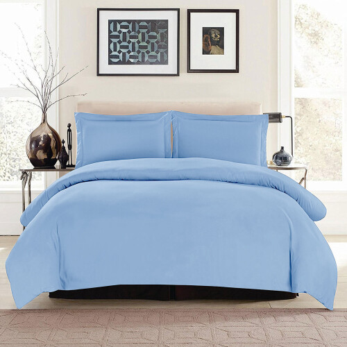 (DOUBLE, LIGHT BLUE) Plain Duvet Quilt Covers Reversible Bedding Set 1