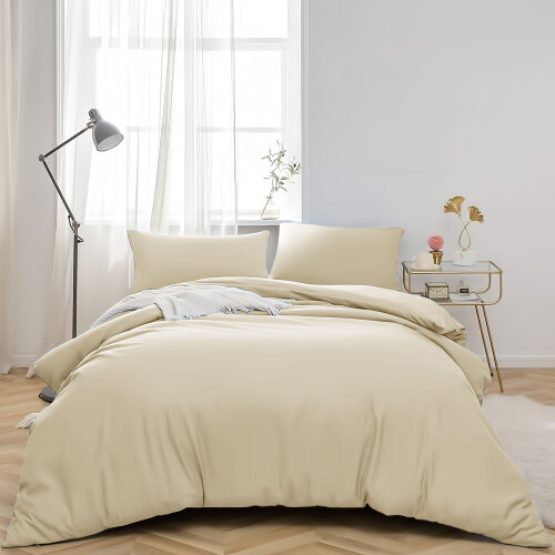(SINGLE, CREAM) Plain Duvet Quilt Covers Reversible Bedding Set