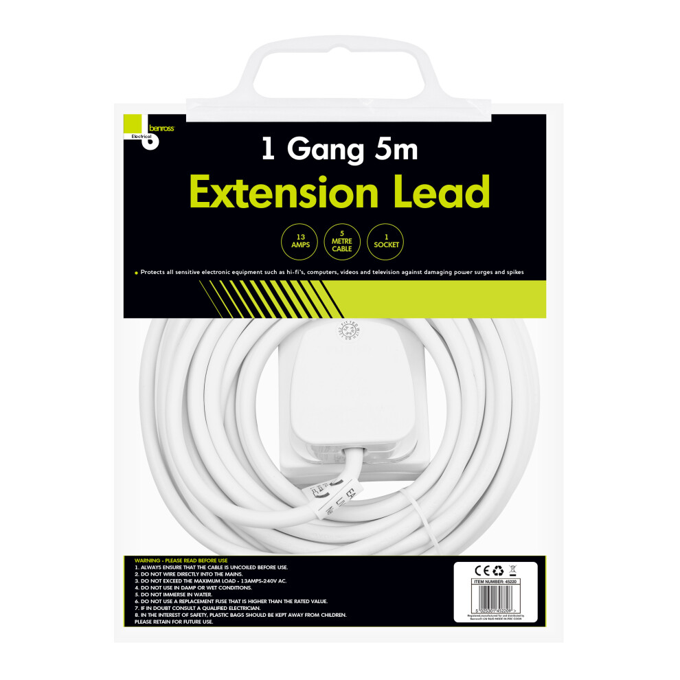 Benross (5 Metres) 1-Way Extension Cables / 5M Or 10M Length / Uk Plug Socket / 240V Ac, 13 Amps / Colour Cable White
