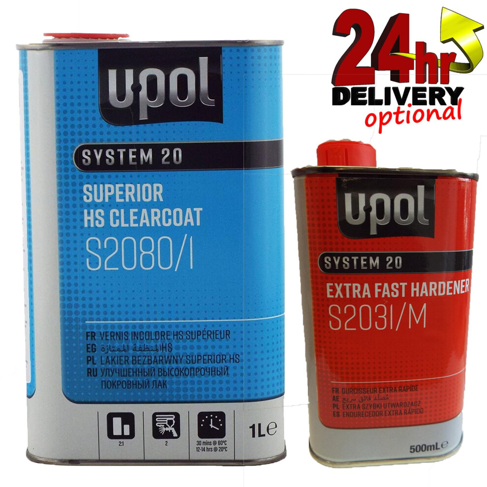 U-Pol S2080 2K Hs Acrylic Clearcoat Lacquer + Extra Fast Hardener 1.5Lt Kit Upol 3513248738705