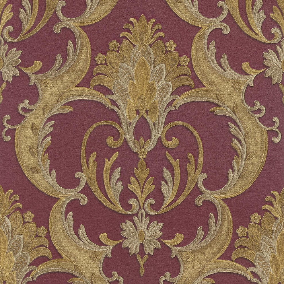 Yöl Debona Classic Damask Wallpaper Textu Floral Traditional Metallic Red/Gold