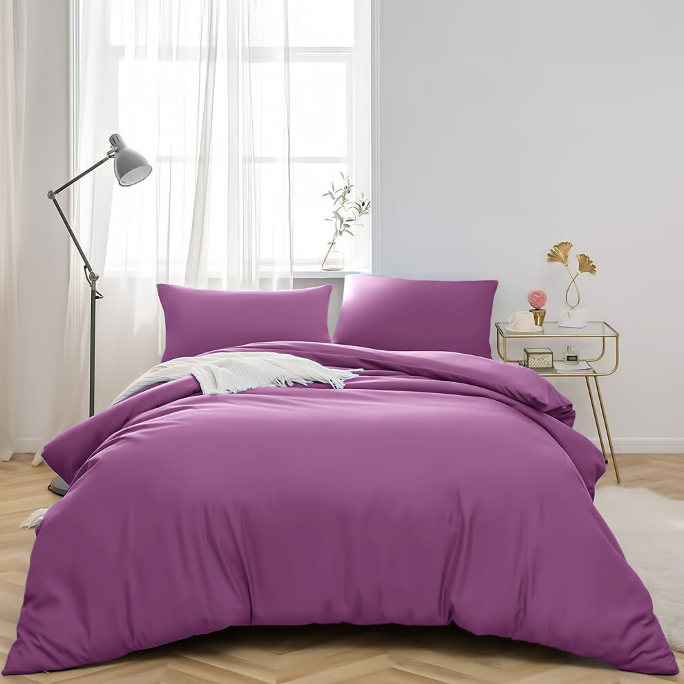 (DOUBLE, PURPLE) Plain Duvet Quilt Covers Reversible Bedding Set