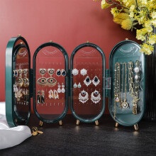 (Green) 4 Tier Jewelry Display Box Earring Storage Jewellery Organizer Stand Women Gift with Mirror