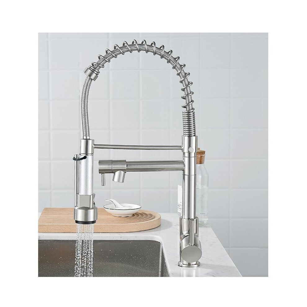 (Brushed Nickel) Kitchen Faucet With Dual Nozzle Pull Down Sprayer Contemporary Single Handle Kitchen Sink Faucet Solid Brass Spring Kitchen Faucet 8804717537451