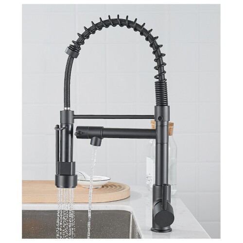 (Black) Kitchen Faucet With Dual Nozzle Pull Down Sprayer Contemporary Single Handle Kitchen Sink Faucet Solid Brass Spring Kitchen Faucet 1