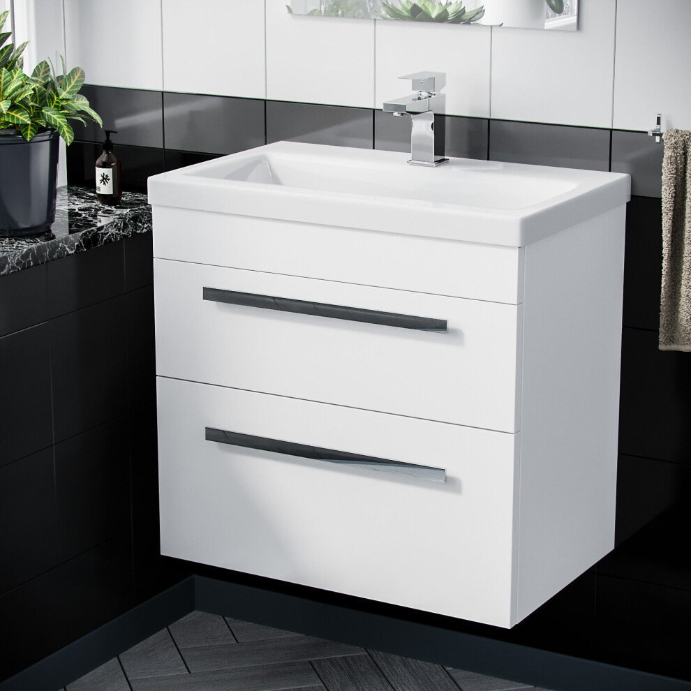 Nanuya 600mm Gloss White Wall Hung 2 Drawer Vanity Cabinet & Ceramic Basin Sink