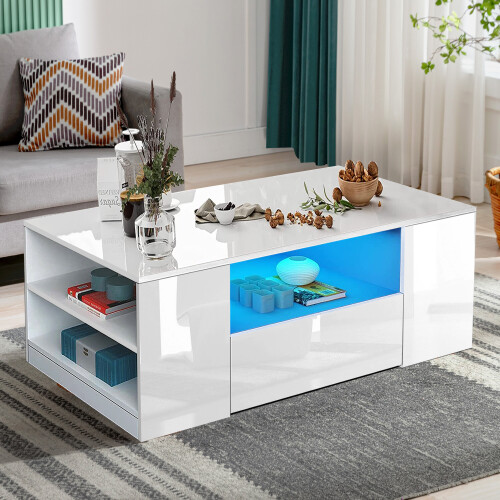 LED Coffee Table Wooden Drawer Storage High Gloss Modern Living