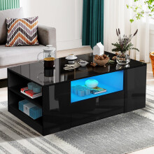 (Black) LED Coffee Table Wooden Drawer Storage High Gloss Modern Living Room Furniture