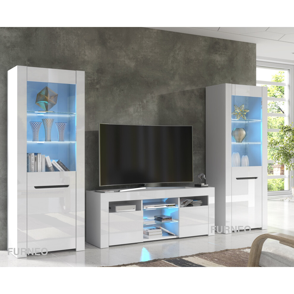 (No LED Lights) TV Unit White High Gloss &Matt Living Room Set Stand Display Cabinets LED Lights