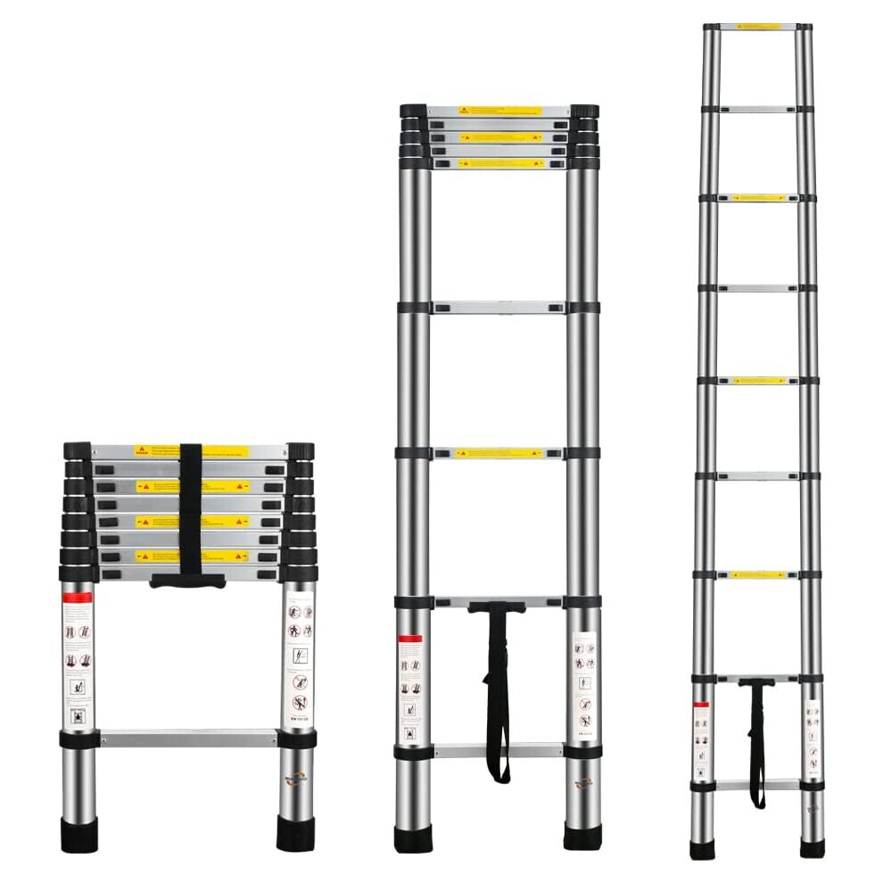 8.5Ft 2.6M Telescopic Ladders Telescoping Extendable Aluminium Extension Extendable Portable 9 Steps 150kg Capacity Loft Collapsible DIY