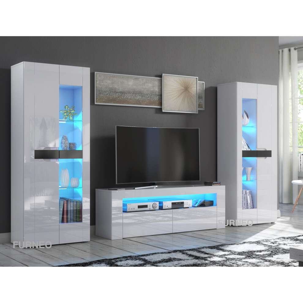 (No LED Lights) TV Unit White High Gloss &Matt Living Room Set Stand Display Cabinets LED Lights