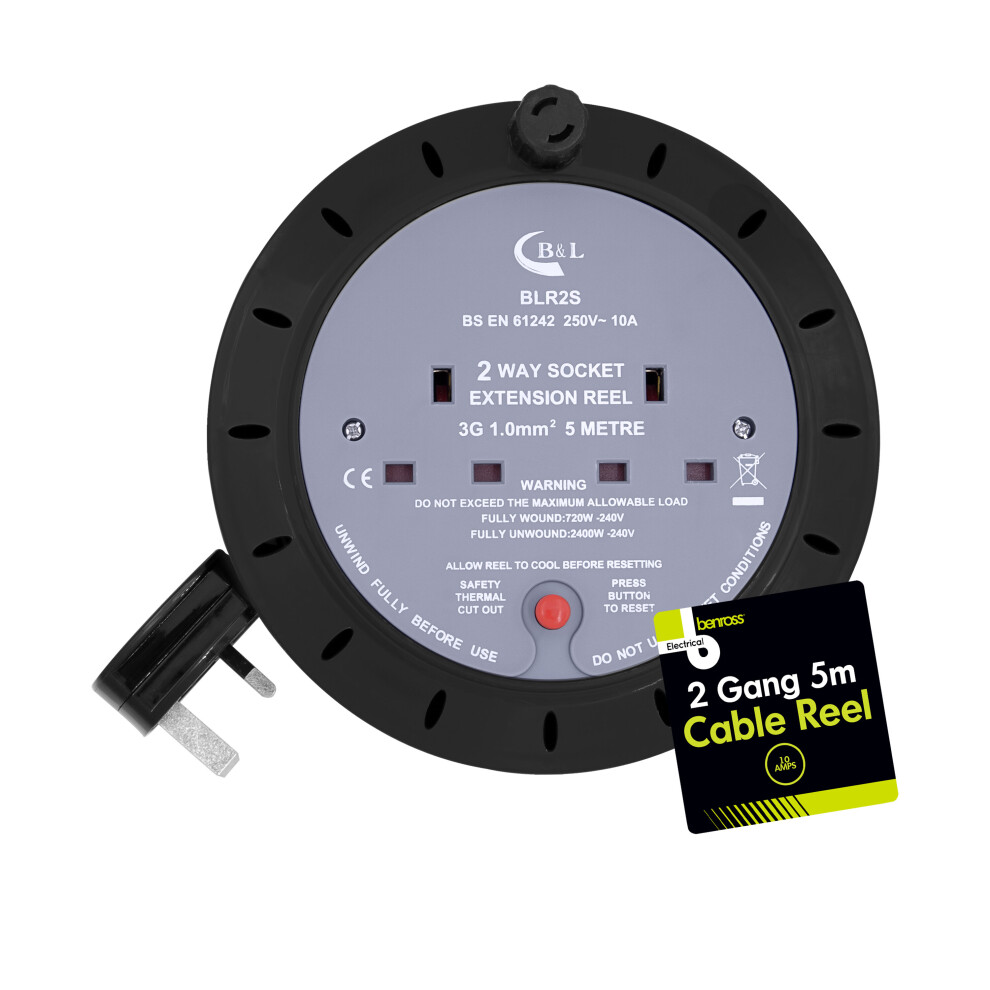 Benross 45630 5m Cable Reel Extension Lead / 2-Way Extension Cable / Safety Cut-Off Switch / 2 UK Plug Sockets / 240V AC, 10 Amps