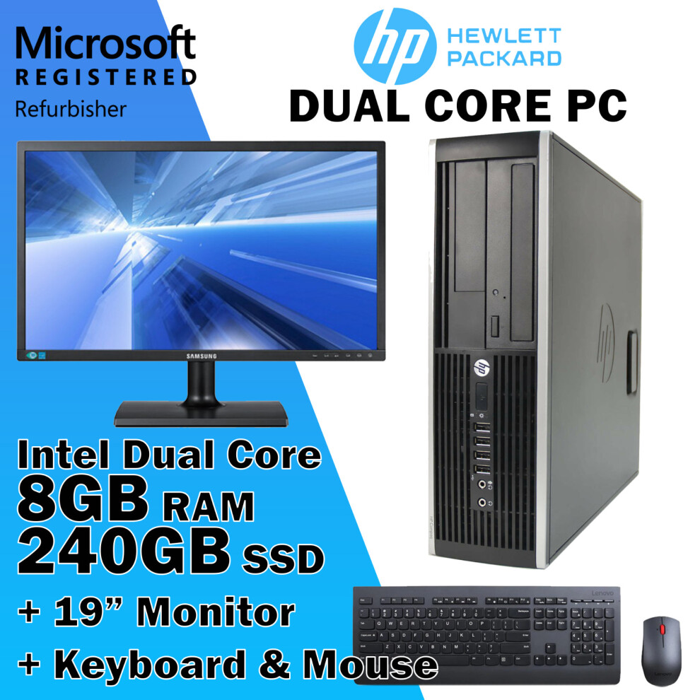 HP Desktop PC Computer 19" Monitor Bundle with Windows 10 Dual Core 8GB 240GB