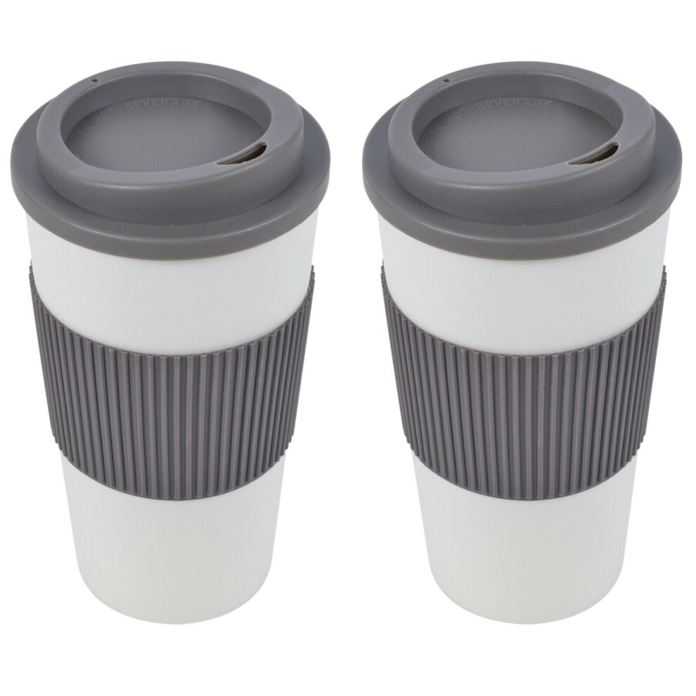 (Grey, 2) 450ml Double Wall Drinking Cup Warm Coffee Tea Travel Reusable Mug Screw On Lid