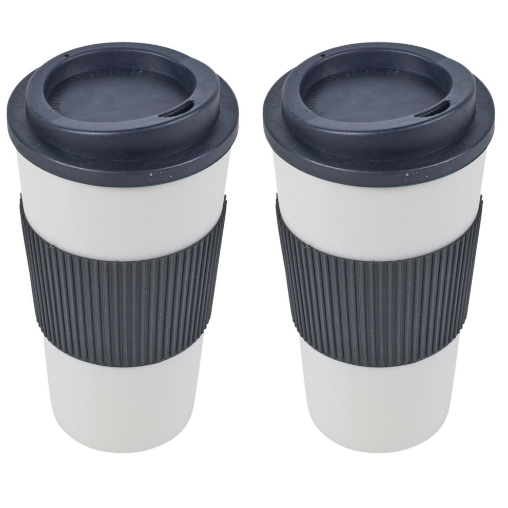 (Black, 2) 450ml Double Wall Drinking Cup Warm Coffee Tea Travel Reusable Mug Screw On Lid