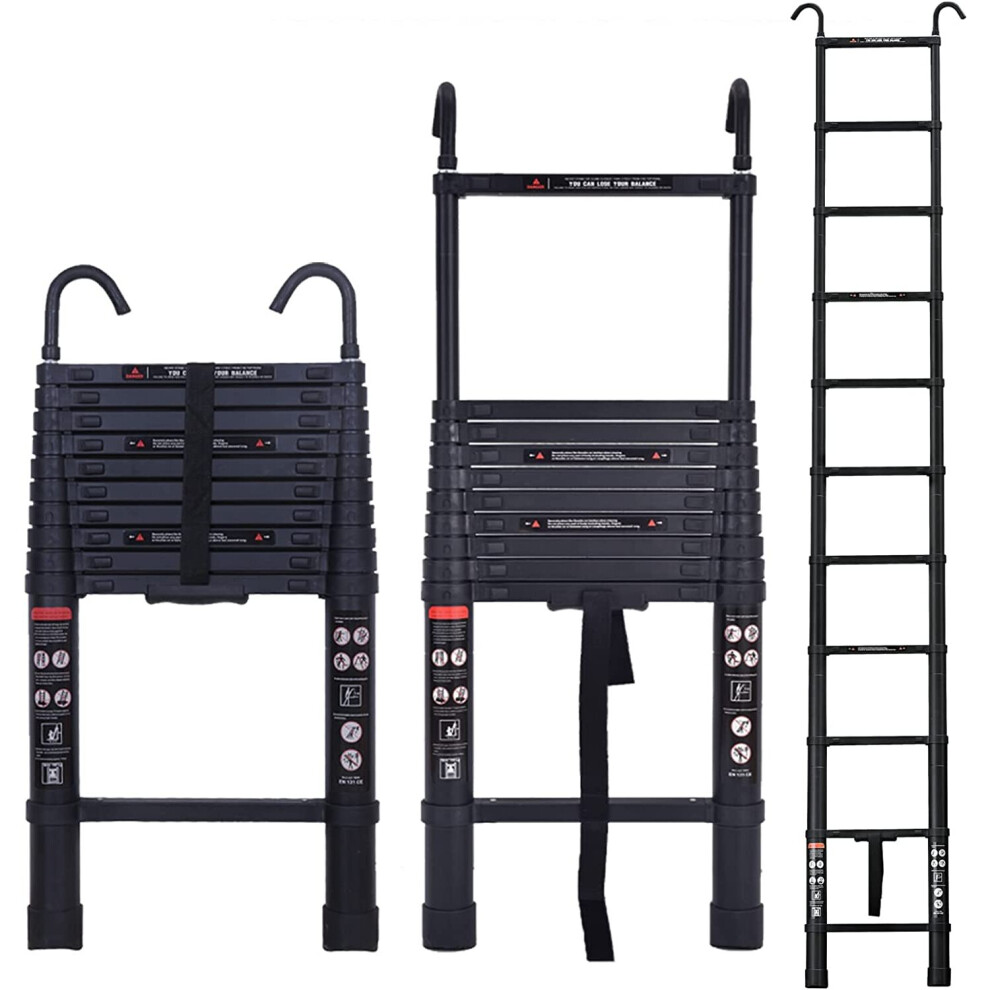 3.2M Telescopic Ladder Extension AluminumBStraight Ladder with 2 Roof Hooks Attic Telescoping Ladder
