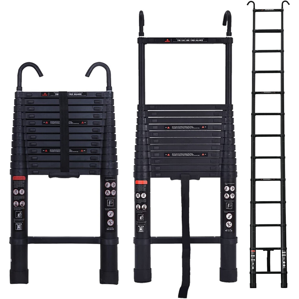 Telescoping Extension Ladder 3.8m Aluminum Folding Ladder Loft Attic Ladder with 2 Detachable Hooks