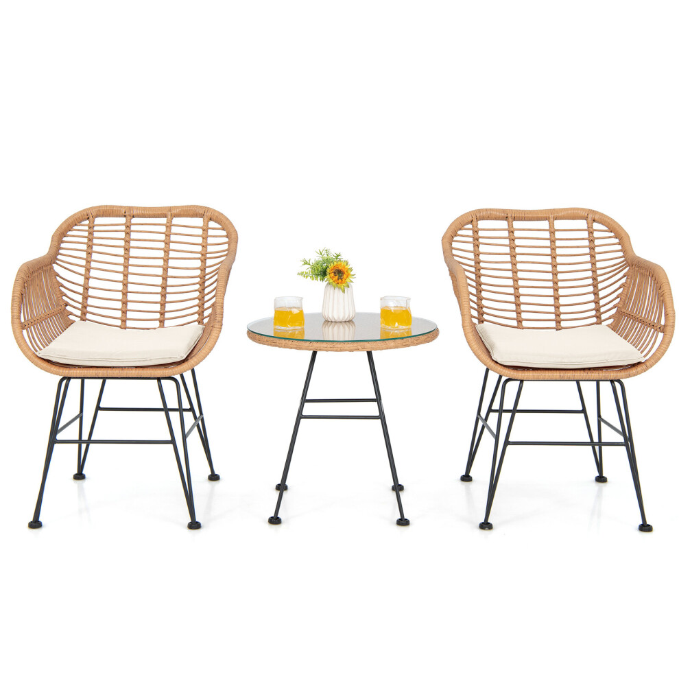 3 Pieces Patio Bistro Set Outdoor PE Rattan Armchairs Conversation Set