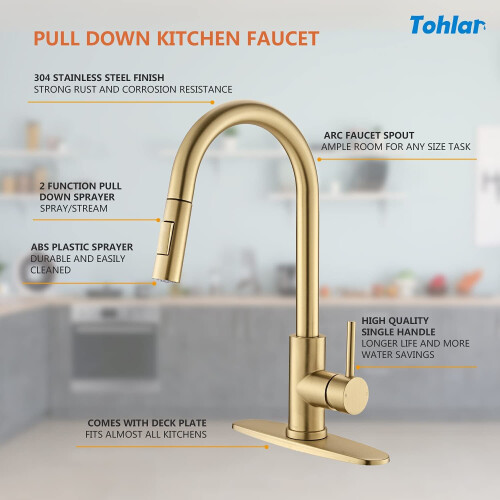 NEW-OPENED BOX Tohlar Gold Kitchen Faucets with Pull-Down Sprayer Brushed Gold 2