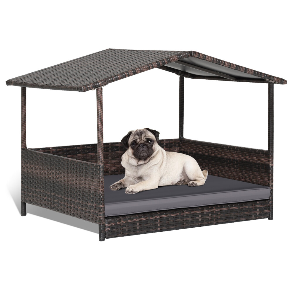 Weather-resistant Indoor Outdoor Wicker Dog House with Soft Cushion