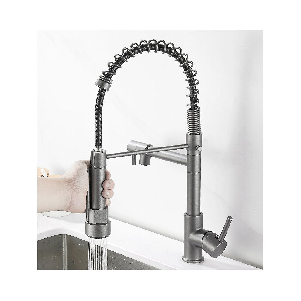 (Gun Gray) Kitchen Sink Mixer Tap Chrome Brass 360 Degree Rotation Single Hole with Pull Out Spray Kitchen Sink Taps-image-OPC-PBBCTWT-NEW