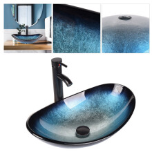 Bathroom Countertop Basin Tempered Glass Wash Sink Set Boat Shape Blue