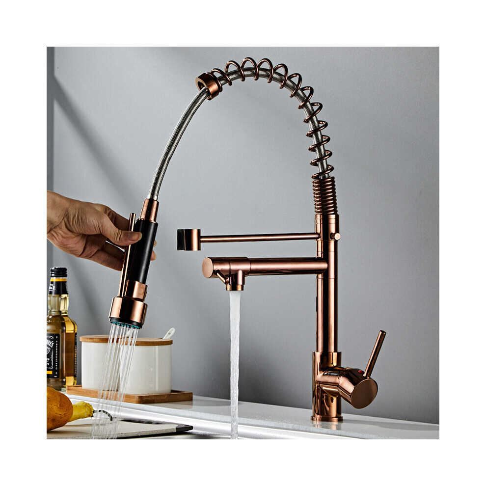 All-copper Style Rose gold High-Pressure Pull Large Spring Double Outlet Kitchen Sink Hot and Cold Water Faucet