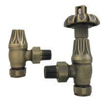 (Antique Brass) Warmehaus Traditional Antique Style Brass Thermostatic Radiator Valve Lockshield Heated Towel Rail Angled TRV