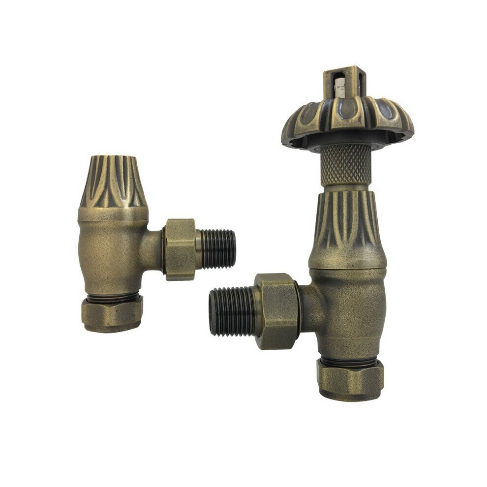 Warmehaus (Antique Brass) Traditional Antique Style Brass Thermostatic Radiator Valve Lockshield Heated Towel Rail Angled Trv