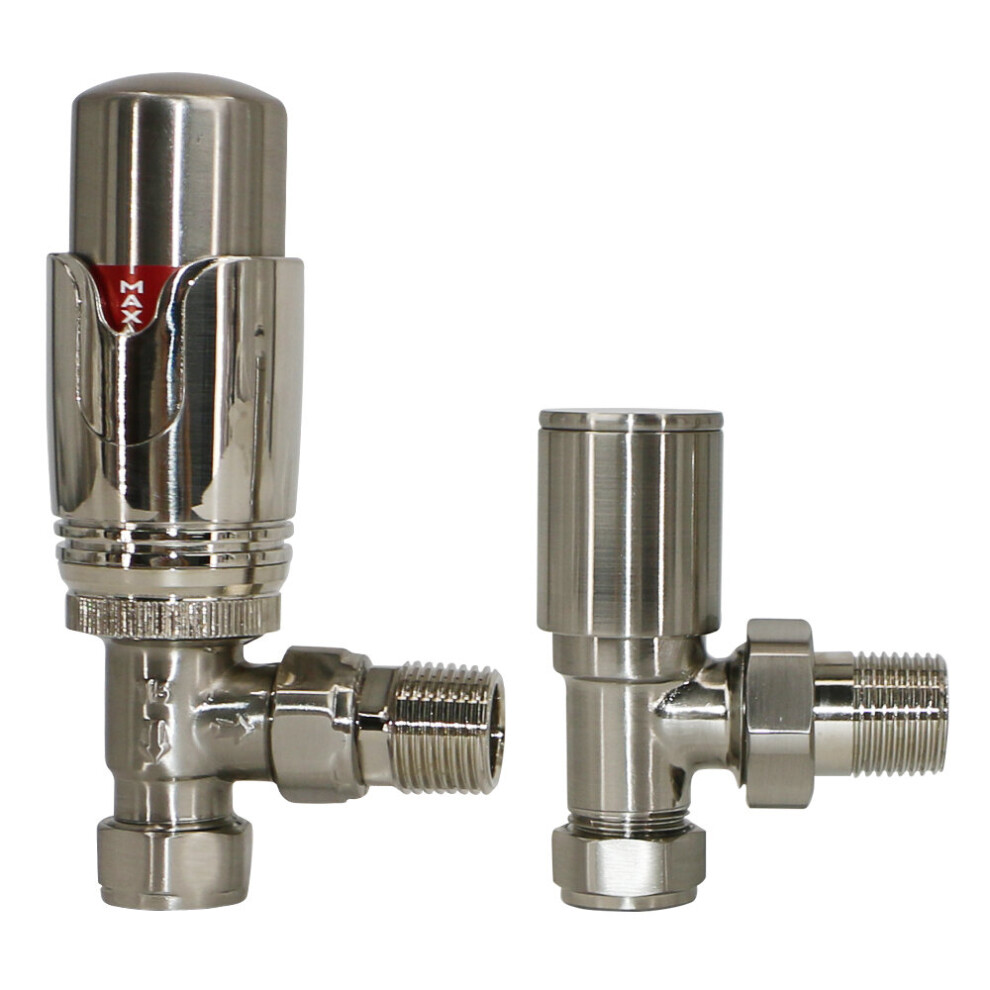 Warmehaus (Satin Nickel, Angled) Thermostatic Radiator Valve 15Mm Radiator Trv + Lockshield For Heated Towel Rail Radiator