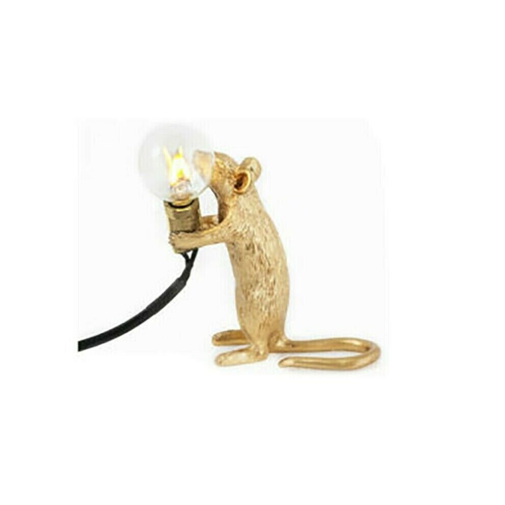 (Gold-Sitting-UK) Mouse Table Lamp Light Bedside Resin Rat Lamp Home Office Desk Party Gift Decor