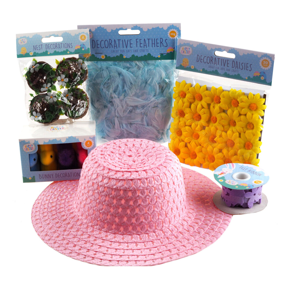 Girls Make Your Own Easter Bonnet Hat - Complete Decorating Kit - Blue Feathers