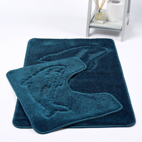 (Teal) Dolphin Bath & Pedestal Mat 2 Piece Bath Mat Set