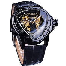 Winner Fashion Mechanical Wrist Watch Triangle Racing Dial, Waterproof Golden Skeleton Dial Automatic Movement Leather Design Mechanical Watch for