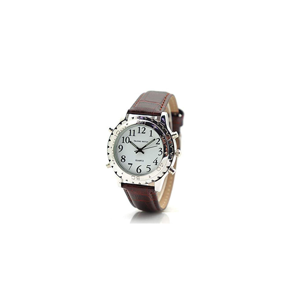 English Talking Watch English Voice Quartz Watch Talking Watches for Blind Person Visually Impaired or The Elderly Brown Leather Band