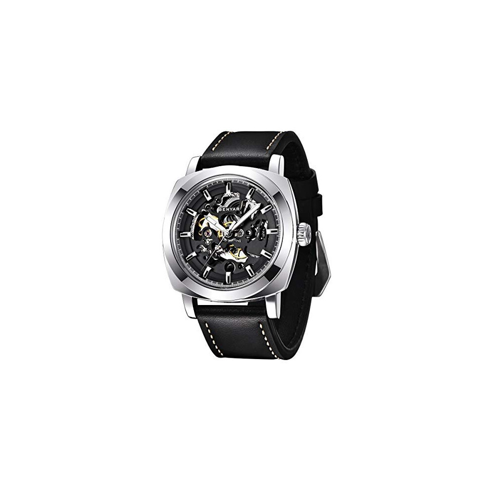 BENYAR Mens Automatic Mechanical Wrist Watch Leather Strap Golden Movement 45 mm Skeleton Dial 30M Waterproof Elegant Gift for Men
