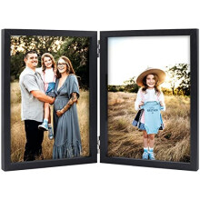 Double 5x7" Photo Frame Hinged Folding Wood Picture Frame with Glass Front Stand Vertical on Desktop Black
