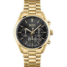 Montre BOSS Chronograph Quartz pour homme – cadran noir, bracelet en acier inoxydable plaqué or IP, Ø44 mm, 10 ATM
