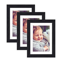 3 Pack 7x5 Black Photo Frames,5x7 (13x18cm) Wood Picture frames with Perspex Glass Front Made to Display 4x6 pictures with Mount,Freestanding and Wall
