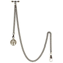 TREEWETO Men's Albert Chain Pocket Watch Curb Link Key Chain 2 Hooks Bronze with Antique Life Tree Pendant Design Charm Fob T Bar
