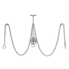 TREEWETO Men's Double Albert Chain Pocket Watch Curb Link Key Chain 3 Hooks with Antique Wolf Silver Pendant Design Charm Fob T Bar