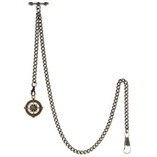 TREEWETO Men's Albert Chain Pocket Watch Curb Link Key Chain 2 Hooks with Antique Compass Bronze Pendant Design Charm Fob T Bar